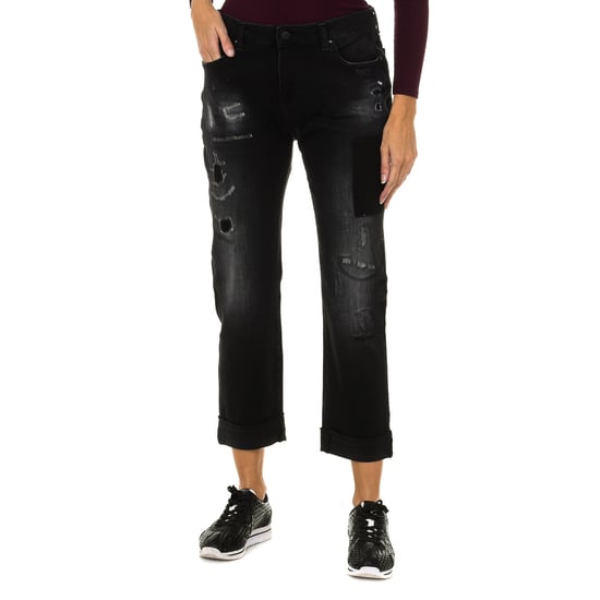 Women's long worn and torn effect denim pants 6Y5J10-5D2SZ