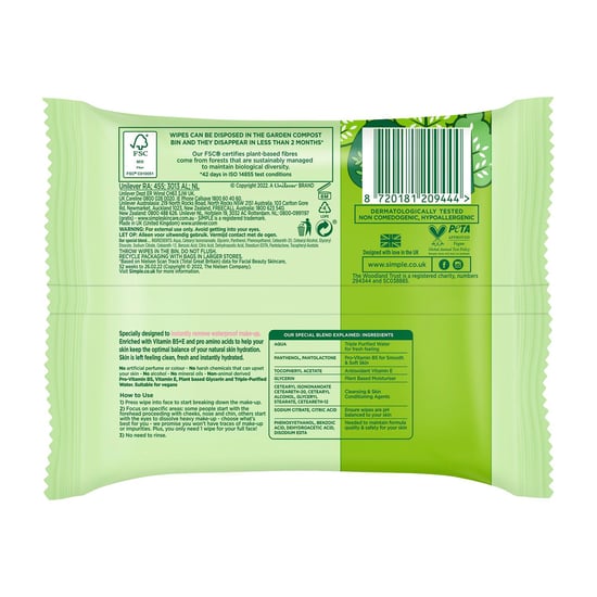Simple Kind to Skin, Cleansing Wipes For Sensitive Skins, 6x 25 Wipes
