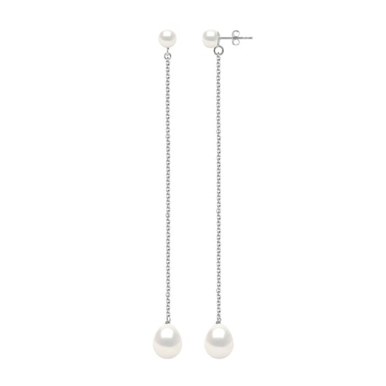 Double Earrings White Gold - Real Cultured Freshwater Pearls Button 5-6 mm + Pear 8-9 mm - Image 1
