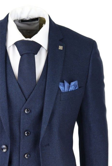 Traje clásico de tweed azul marino de tres piezas con diseño de ojo de pájaro para hombre - Image 5