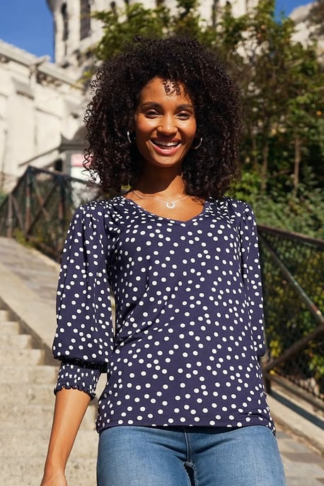 Navy Blue & White Spot Print Shirred Cuff V Neck Top