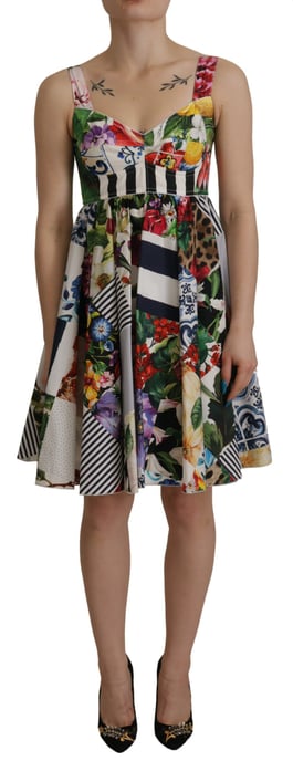 Vestido de Mujer Mini Acampanado de Jardín Multicolor de Popelín Patchwork de Dolce & Gabbana - Image 1
