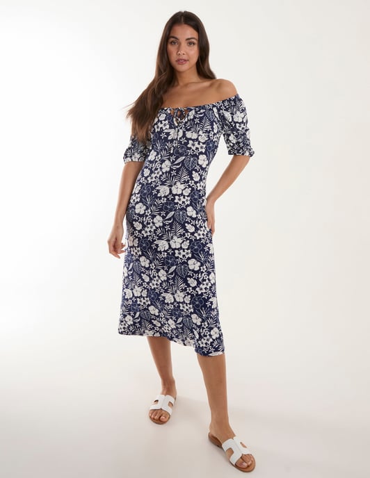 Elasticated Detail Floral Midi Dress