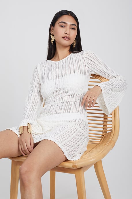 Off White 'Maddy' Long Sleeve Knitted Mesh Mini Dress