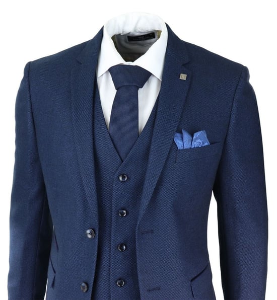 Traje clásico de tweed azul marino de tres piezas con diseño de ojo de pájaro para hombre - Image 6