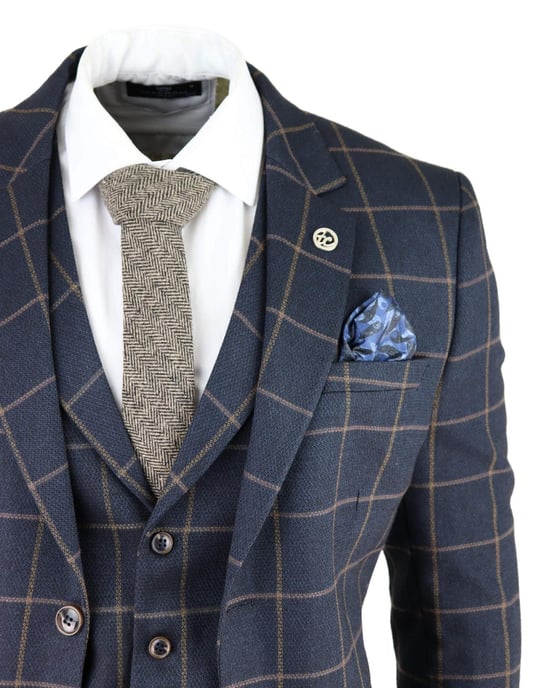 Traje de tweed de tres piezas a cuadros azul marino para hombre, Peaky Blinders, estilo Gatsby de los años 20, corte entallado - Image 5