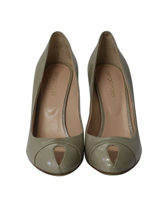 Sergio Rossi Peep-Toe High Heel Pumps in Sage Green Leather - Image 2