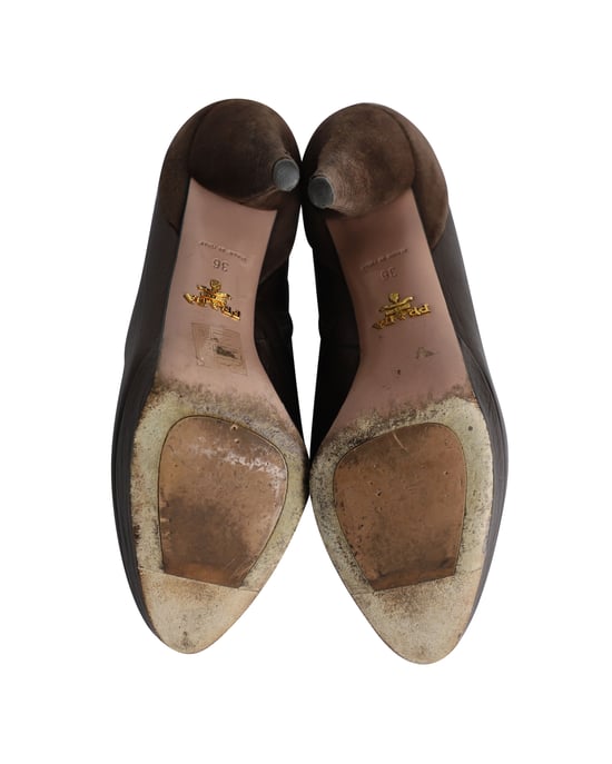 Prada Suede-Trim Booties in Brown Leather - Image 5