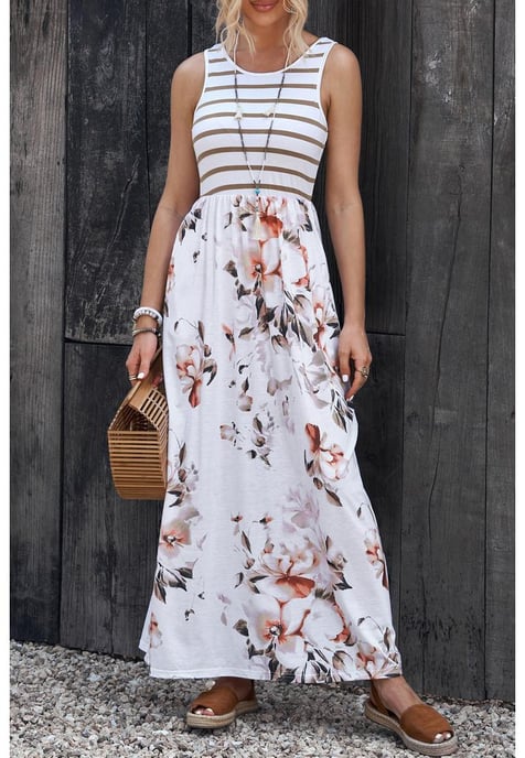 Vestido Maxi Sin Mangas de Print Floral para Mujeres con Bolsillo en Blanco - Image 5