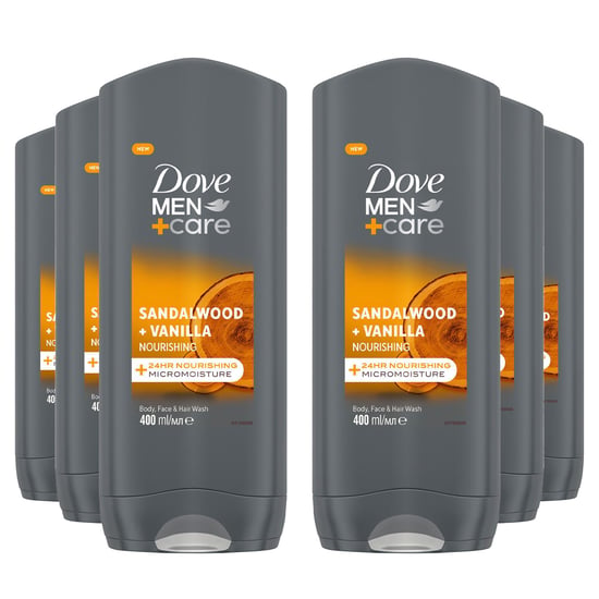 Dove Men+Care 3 in 1 Body, Face & Hair Wash Sandalwood + Vanilla 400ml, 6 Pack