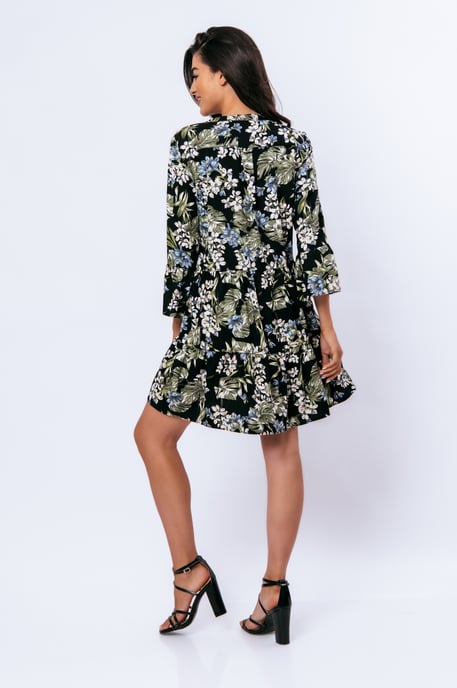 Vestido floral caqui, crudo y azul con mangas acampanadas - Image 4