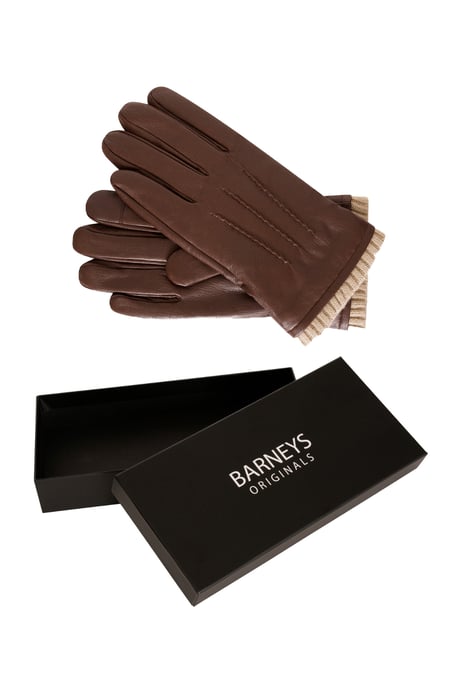 Barneys Originals Gift Boxed Brown Goat Leather Glove with Cream Knit Cuff