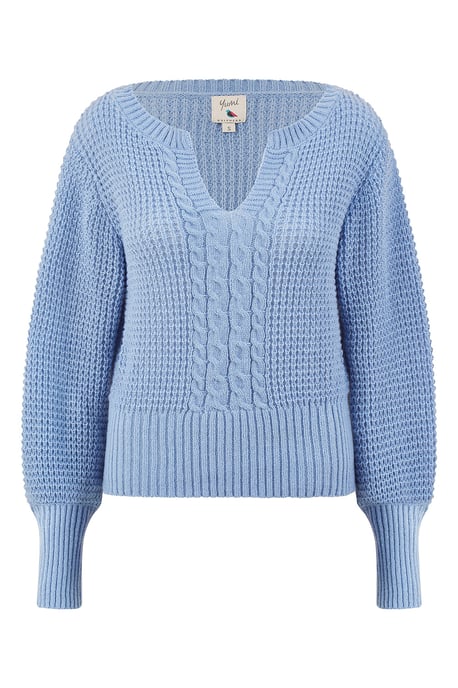 Blue Balloon Sleeve Cable Knit V Neck Jumper