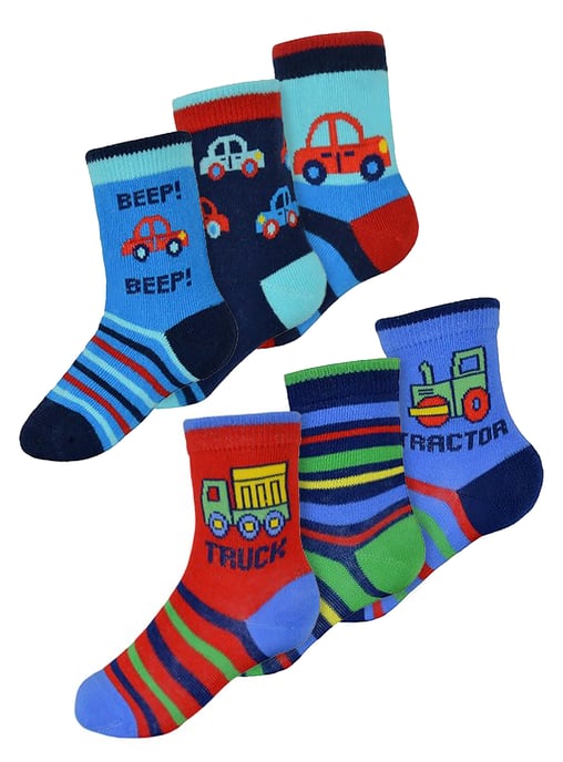 Calcetines de algodón para niños con diseño de coches y camiones | Paquete de 6 pares | Snob | Calcetines para niños - Cars - Image 1