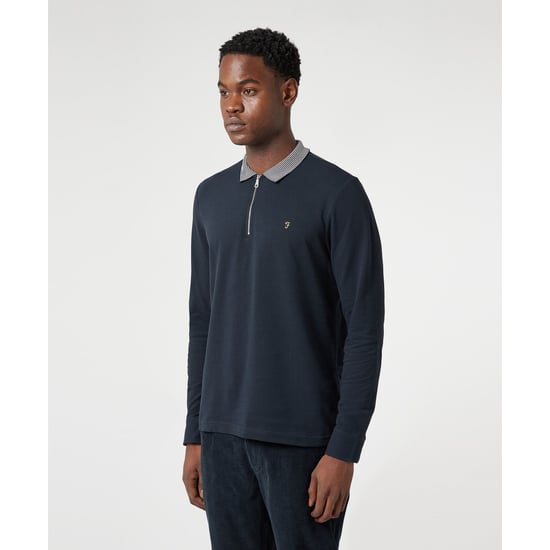 Men's Farah Vancouver Zipped Long Sleeve Polo Shirt in Navy