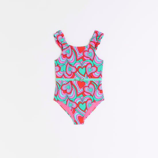 River Island Girls Swimsuit Green Heart Print Frill