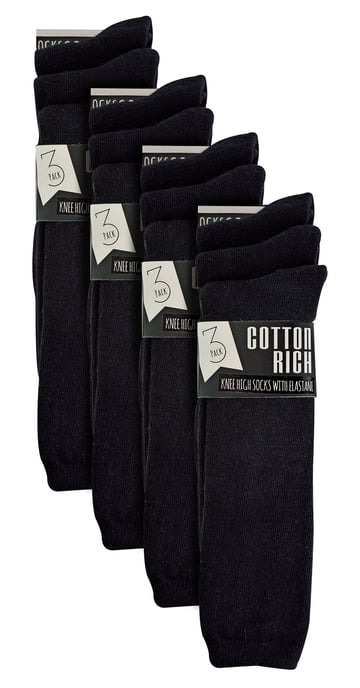 12 Pair Multipack Girls Knee High Socks | Breathable Long Cotton School Socks | Color Option - Grey, Black, White, Blue - Negro - Image 2
