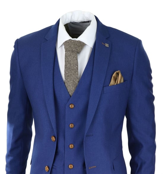 Traje clásico de tres piezas con diseño de ojo de pájaro en azul real para hombre - Image 4