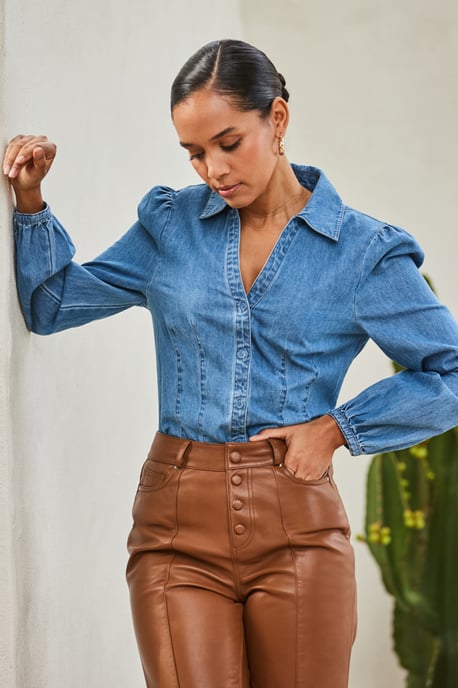 Mid Blue Denim Balloon Sleeve Shirt