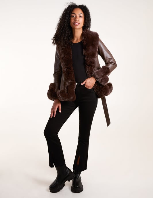 Faux Fur PU Coat With Belt
