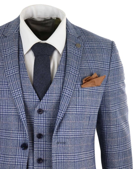 Traje retro vintage de tweed azul y gris de 3 piezas para hombre - Image 4