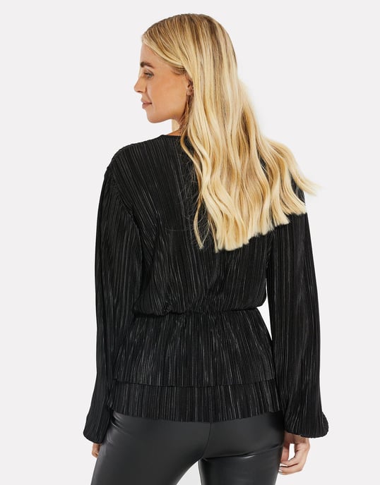 Black Plisse Wrap Blouse