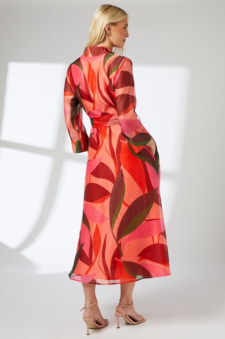 Pink Abstract Print Belted Collared Shirt Dress
