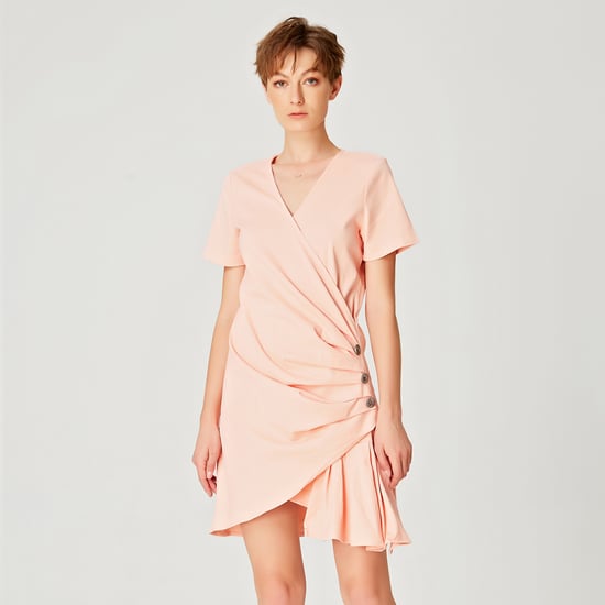 Robe courte asymétrique drapée en popeline - Image 1