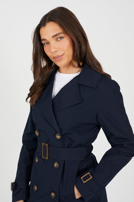 Navy Double Breasted Belted Trench Coat