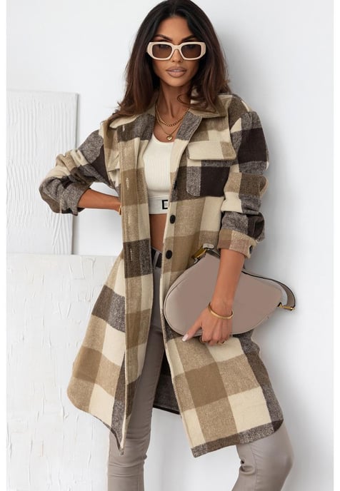 Azura Exchange Women's Plaid Button-Down Long Shacket in Khaki - Image 3