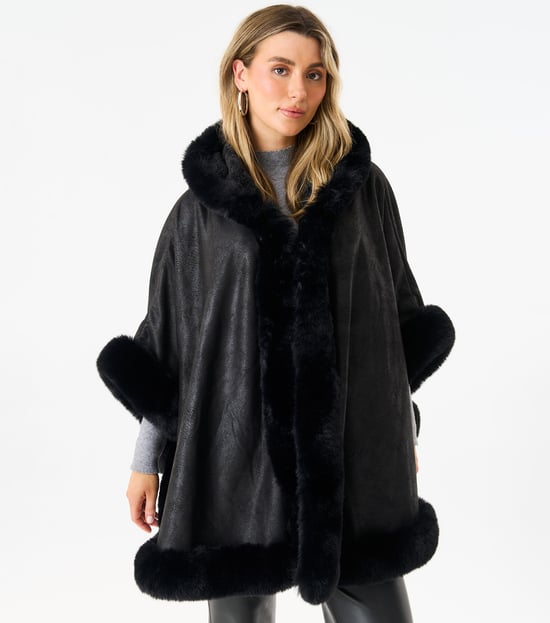 Fur Collar Pocket Detail Poncho
