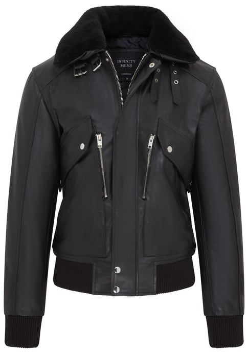 Mens Black Leather Cowhide Aviator Bomber Jacket - Akhiok