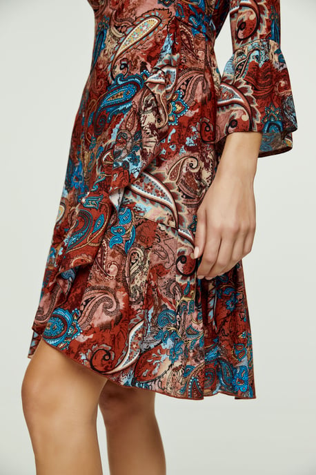 Paisley Print Viscose Wrap Dress with Bell Sleeves