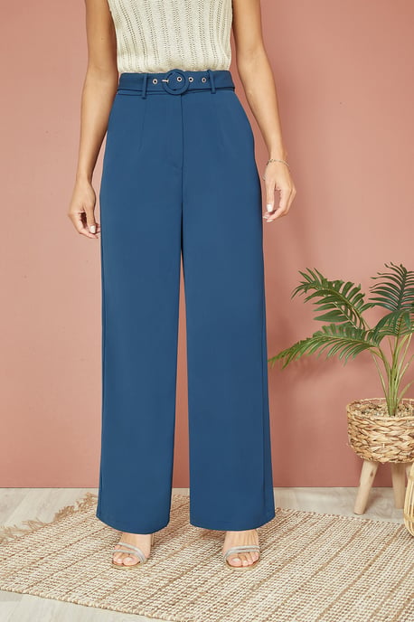 Navy Straight Leg Crepe Trousers With Belt