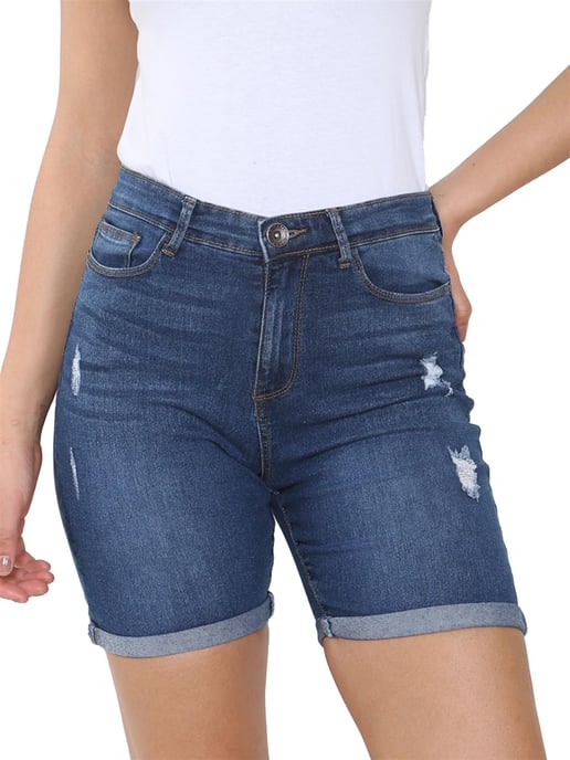 Enzo | Pantalones cortos vaqueros rasgados para mujer - Azul medio - Image 4