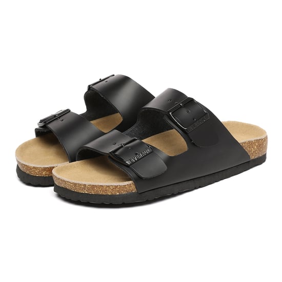 EVER AU Women Mallard Leather Twin Buckle Sandals - Black Leather