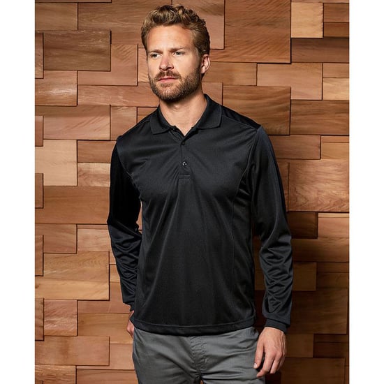Premier Mens Long Sleeve Coolchecker Pique Polo Shirt (Black) - Image 2