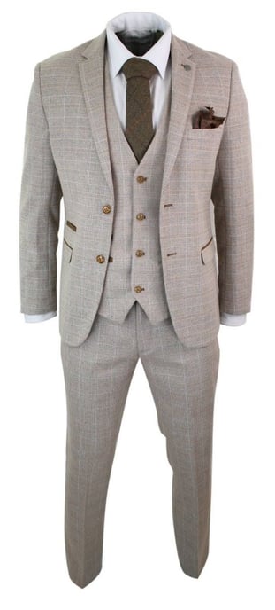 Traje retro vintage de tweed beige a cuadros para hombre de 3 piezas - Image 4