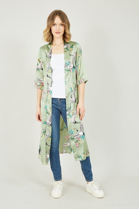 Yumi Khaki Green Satin Crane Kimono