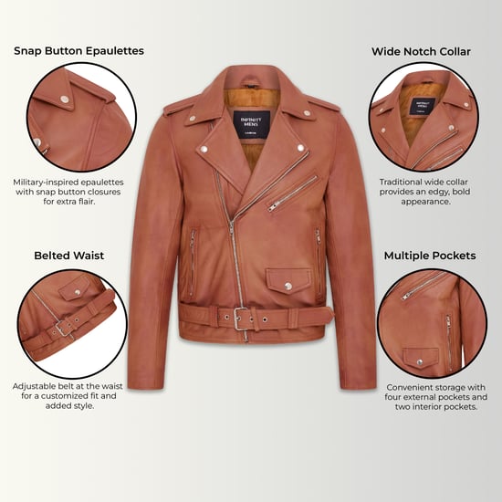 Mens Tan Classic Brando Leather Biker Jacket - Heinola