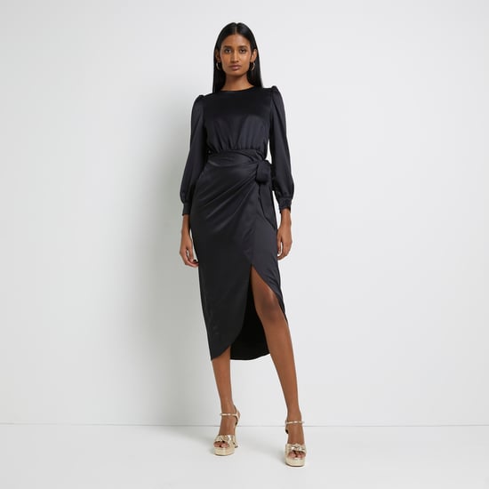 River Island Womens Wrap Midi Dress Black Satin
