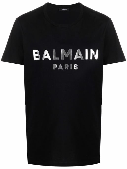 Camiseta negra con logo estampado de Balmain Silver - Image 1