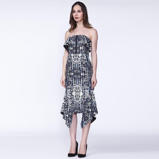 Printed cocktail dress, with bustier cut adjusted with bust and basque ruffles - Image 1