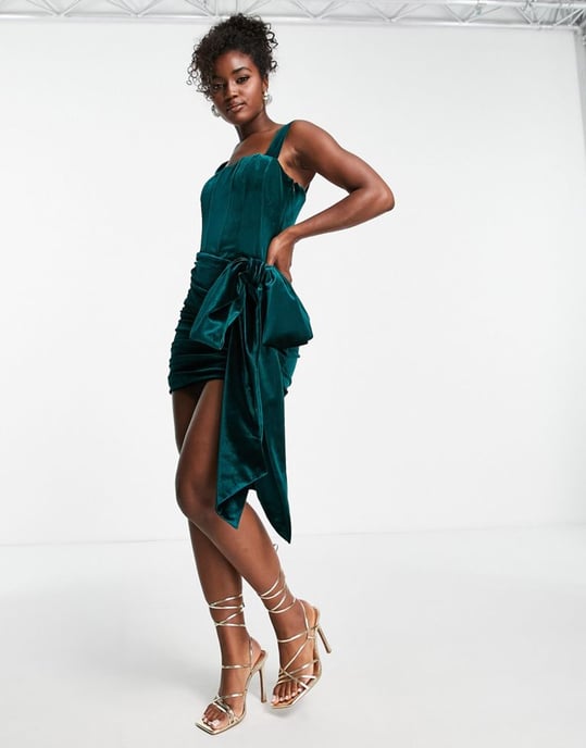 Forever New velvet corseted drape bow mini dress in emerald green