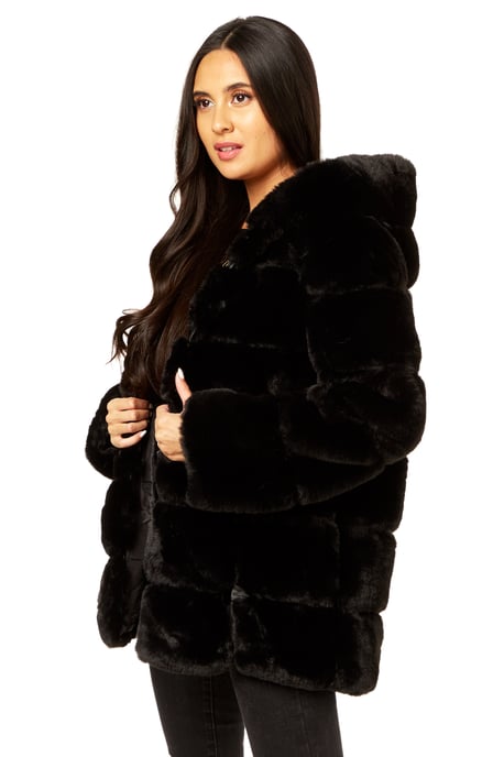 Horizontal Cut Fur Hooded Jacket