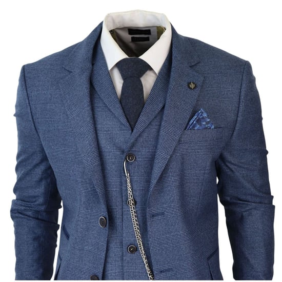Traje de tres piezas de cuadros príncipe de Gales azul para hombre - Image 3