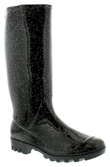 Womens/Ladies Black Long Leg Pvc Wellingtons With A Glitter Finish.