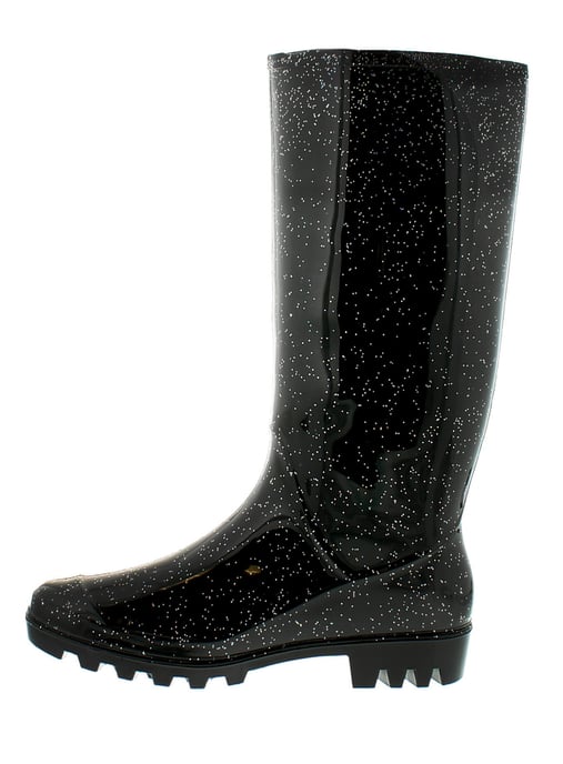 Womens/Ladies Black Long Leg Pvc Wellingtons With A Glitter Finish.