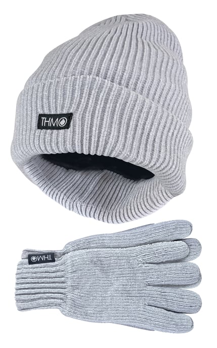 Juego de gorro y guantes de Thinsulate para mujer | THMO | Gorro y guantes de chenilla acanalada para mujer - Gris - Image 1