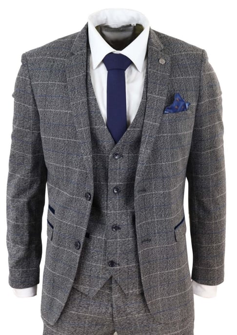 Traje clásico vintage de 3 piezas para hombre, gris y con cuadros azules - Image 1